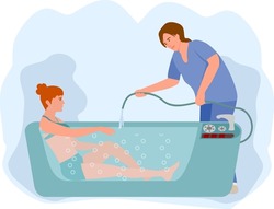 Therapeutic whirlpool bath. Flat therapist character working with disabled patient, rehabilitating physical activity, physiotherapy isolated on white. 