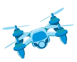 Drone with action Camera. Flying quadrocopter. Wireless modern drone with mounts. Fast delivery of goods and useful toy photography and observation. Flying vehicle for military purposes. Vector