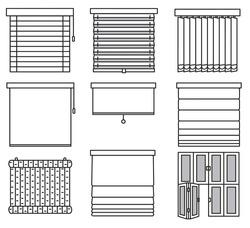A set of horizontal and vertical blinds. Vector linear minimalistic illustration of horizontal blinds curtains. Window blinds, shades line icons. 