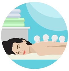 Young woman enjoying wellness SPA physiotherapy. Cupping treatment SPA as vacuum therapy. Alternative medicine and acupressure rehabilitation method for wellness, recreation. Vector illustration