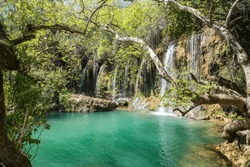 Kursunlu waterfall in Antalya, Turkey. The waterfall is on one of the tributaries of the Aksu River, where the tributary drops from Antalya's plateau to the coastal plain. 