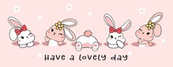 group of cute Happy white baby bunny rabbit in hole, have a lovely day, cartoon drawing outline banner 