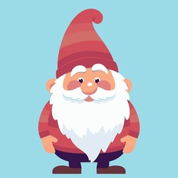Red Colorful Happy little chubby Garden Gnome old Man with Cute Face on Turquoise Background. Cartoon Vector Illustration