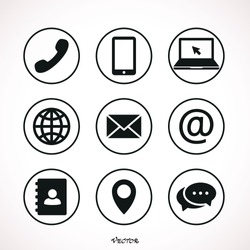 Collection of communication symbols. Contact, e-mail, mobile phone, message icons. Vector illustration