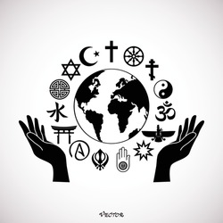 	
World Religious Symbols with Open Hands and Earth Globe Silhouette