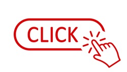 Click here button with hand pointer clicking. Click here web button. Isolated website buy or register bar icon with hand finger clicking cursor – vector for stock