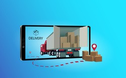 Business smart phone technology with logistics and delivery service online cargo import export transportion order instant shipping on mobile from warehouse storage to customer for vector illustration