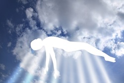 immortal soul of the deceased ascends to heaven, disembodied ghost of a person, white silhouette in heavenly light, postmortal transition, concept of dream, ascension and meditation