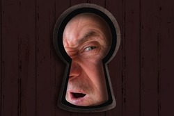 keyhole hole with Human eye, mature man 60 years old looking straight, covertly is following, drops of liquid, texture is dark, black, concept of secrecy, spying, Surveillance System, face Recognition