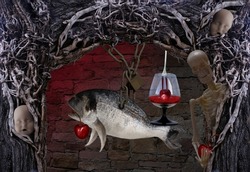 scary, surreal background with skeleton, skulls, fish, cherry in glass, halloween concept, feast during plague, time passed, end of life, Abstract concept symbolizes death and evil