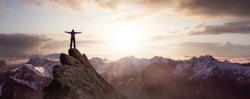 Magical Fantasy Adventure Composite of Man Hiking on top of a rocky mountain peak. Background Landscape from British Columbia, Canada. Sunset or Sunrise Colorful Sky