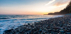 Sandcut Beach on the West Coast of Pacific Ocean. Summer Sunny Sunset. Canadian Nature Landscape Background. Located near Victoria, Vancouver Island, BC, Canada.