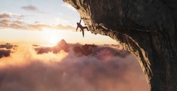 Adult adventurous man Rock Climbing a steep rocky cliff. Extreme adventure composite. 3d rendering mountain artwork. Aerial background landscape from British Columbia, Canada. Sunset Sky