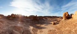 Red Rock Formations in Desert at Sunny Sunrise. Spring Season. Goblin Valley State Park. Utah, United States. Nature Background Panorama