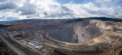 Aerial panoramic view of a copper mine in the interior of British Columbia, Canada.