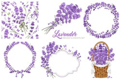 Set of vintage floral design elements with lavender flowers. Circle frame, seamless pattern, bouquet, label template and flowers in the basket. Vector illustration.
