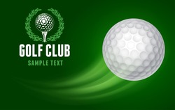 Card for Golf Club with Flying Golf Ball on Green Background. Realistic Vector Illustration. 