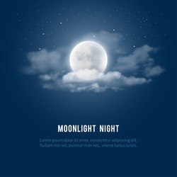 Mystical Night sky background with full moon, clouds and stars. Moonlight night. Vector illustration.