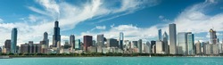 Chicago cityscape panoramic looking out from across Lake Michigan in Illinois USA