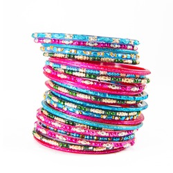 Traditional Indian bangles with different colors and patterns.