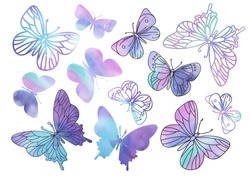 Clipart PURPLE BUTTERFLY Color Vector Illustration Set About Magic Cartoon Picture for Scrapbooking Babybook and Digital Print on Card And Photo Children’s Albums
