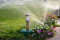 Plastic sprinkler irrigating flower bed on grass lawn with water in summer garden. Watering green vegetation duging dry season for maintaining it fresh.