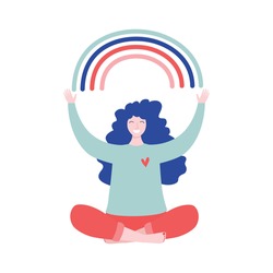 Happy woman sits in lotus pose and open her arms to the rainbow. Smiled girl creates good vibe around her. Smiling female character enjoys her freedom and life. Body positive and health care concept.