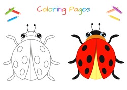 Funny little ladybug beetle.   Coloring book. Educational game for children. Cartoon vector illustration