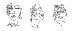 Elegant women's faces in one line art style with flowers.Continuous line art in minimalistic style for prints, tattoos, posters, textile, cards etc. Beautiful female fashion face Vector illustration