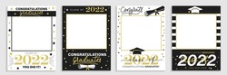 Class of 2022. Graduation party photo booth props set. Photo frame for grads with caps and scrolls. Congratulations graduates concept with lettering. Vector illustration. Gold and black grad design.