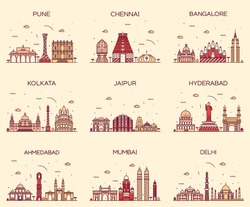 Set of Indian cities skylines. Mumbai, Delhi, Jaipur, Kolkata, Hyderabad, Ahmedabad, Pune, Chennai, Bangalore. Trendy vector illustration, linear style.