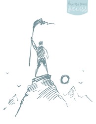 Man on top of a mountain with flag, winner concept, vector illustration, sketch