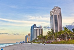 Miami beach with skyscrapers