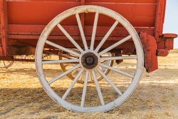 USA, Washington State, Whitman County. Palouse. Farm wagons used to harvest wheat. Wagon wheel and spokes.