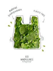 Plastic free Ecological poster. Say NO to plastic and polyethylene bags. Ban plastic pollution. Biodegradable bag, made with green sprout and leaves. Zero waste and Sustainable lifestyle. Think Green.
