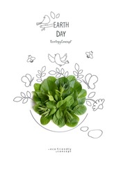 Environmentally friendly planet Poster. Earth day.Symbolic speaking bubble, made from green grass with sketches   of branches, foliage, birds.Minimal nature concept. Nature speaking Think Green. 