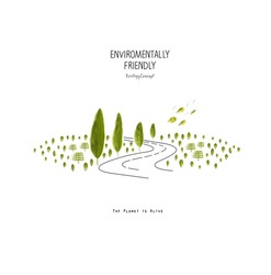 Environmentally friendly planet. Green country landscapes. Solar panels on green fields and trees along the road made of leaves with sketches. Eco Renewable energy power.