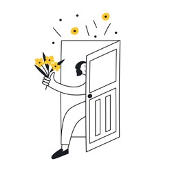 Welcome, invite, greeting, housewarming, or celebration concept. Cute cartoon man coming into the door with flowers. Flat line vector illustration on white