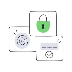 Secure set. Fingerprint, locked padlock, credit card verification icons. Information protection, transaction security, data protection. Flat line thin vector illustration on white.