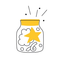 The star in a glass jar. A dream and a miracle, the concept of great idea and imagination. Thin line vector illustration on white.