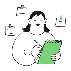 Making notes with a pen in a notebook as a reminder of important things, writing memos. A cute cartoon woman with a notebook and pencil. Thin line isolated vector on white background.