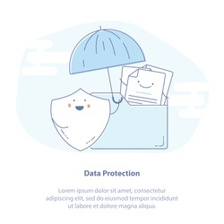Flat line icon concept of Data protection, File Security and Access rights concepts. Cute Cartoon Folder, Documents and Shield with Umbrella. Isolated Vector illustration.