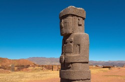 Monolith Statue of Ponce, ancient city of Tiwanaku (Tiahuanaco) near La Paz, Bolivia.