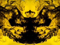 Blurred abstract background. Colorful inks in the water. Splash paint mixing. Watercolor effects. Ink pattern in Rorschach test style.

