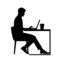 black silhouette of a man sitting behind a computer icon vector, working man with coffee, workplace concept, student working at laptop