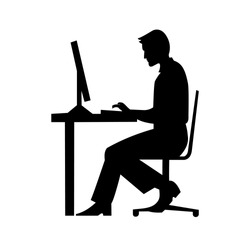 black silhouette of a man sitting behind a computer icon, vector, working man