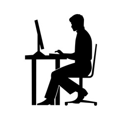 black silhouette of a man sitting behind a computer icon, vector, working man, workplace concept, student working at laptop