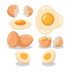Collection of whole eggs, broken eggs, fried eggs, yolks, eggshells and boiled eggs isolated on white background 
