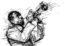 Vector black and white illustration for jazz poster. Jazz trumpet player. Sketch style