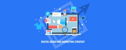 Digital media marketing, business, internet, Strategy and advertising flat vector illustration with icons
